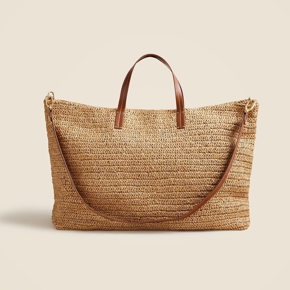 NWT | J Crew Palma Overnight Tote in Hand-Knotted Straw & Leather - Picture 2 of 15